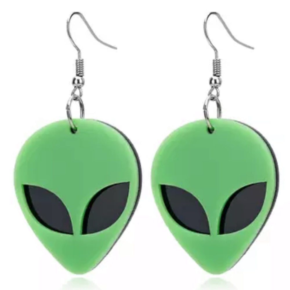 Green Alien Head Acrylic 2D Earrings - Picture 1 of 1